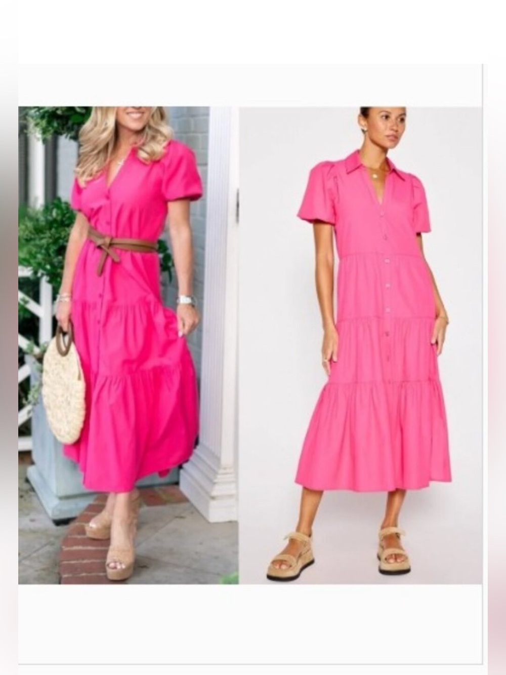 Brochu Walker Havana Tiered Midi Button Dress Hot Pink Sz XS
